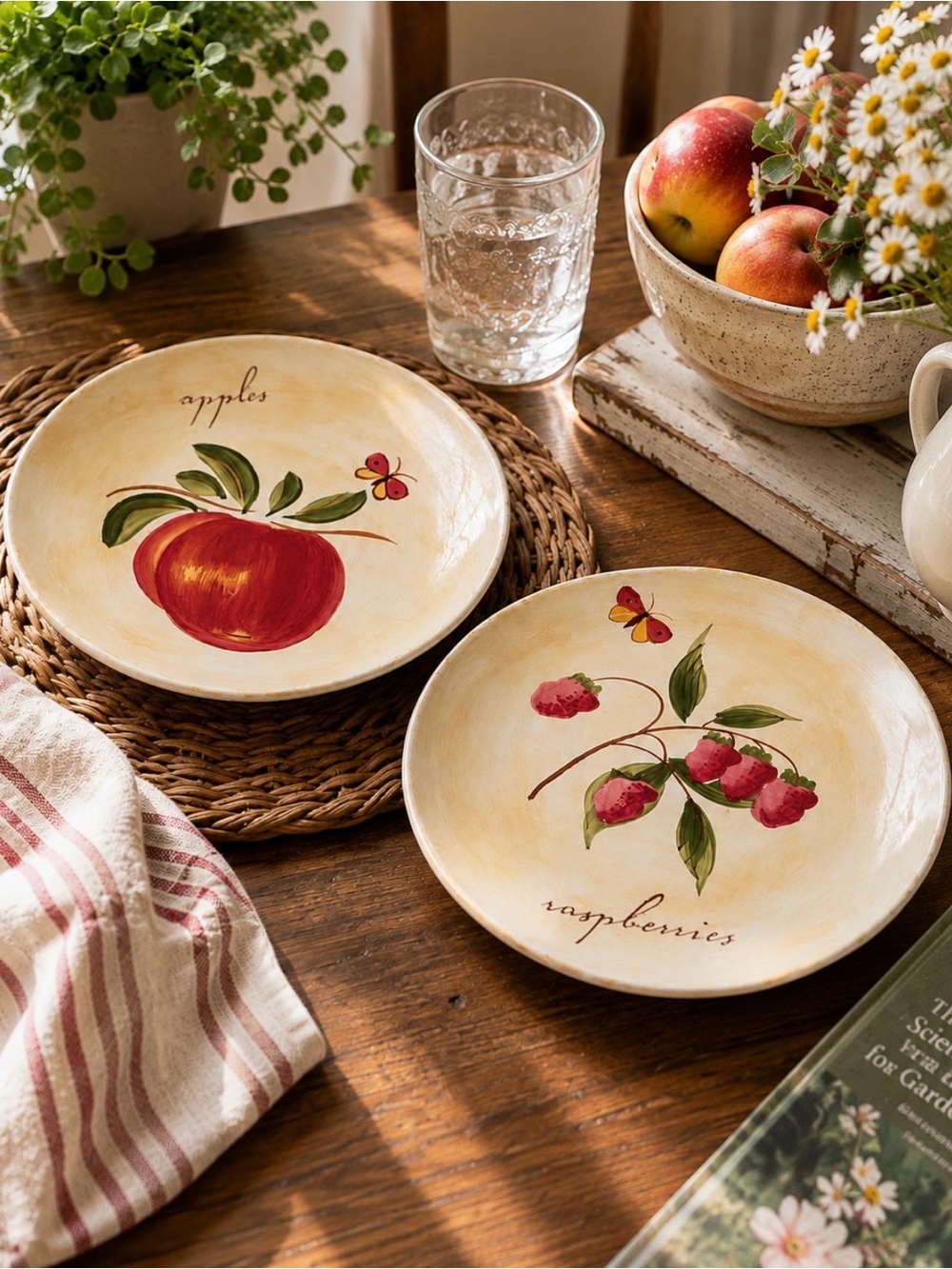Pier 1 Hand-Painted Fruit Salad Plates Set of 2 – Apples & Raspberries – 8”